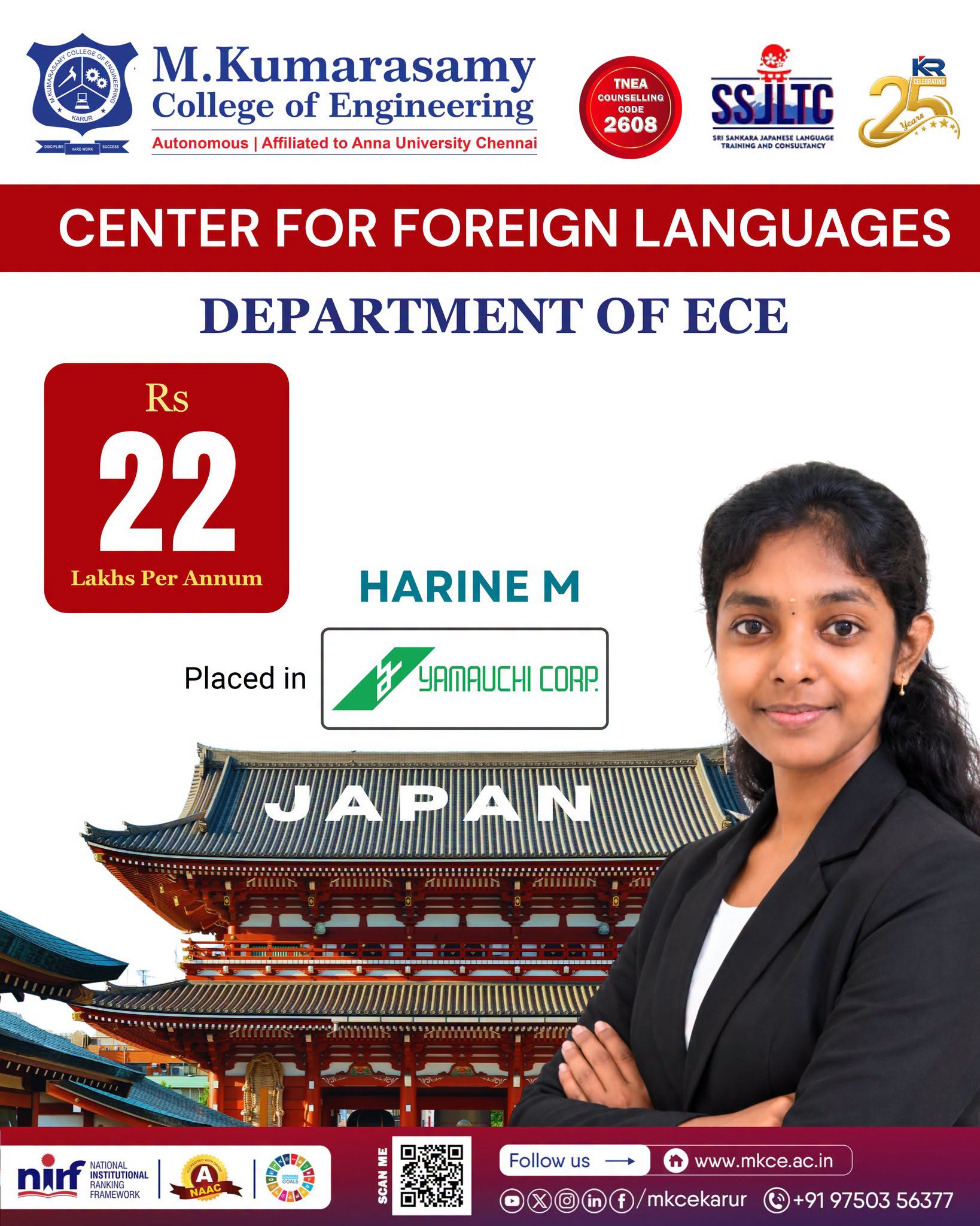 Congratulations Ms. HARINE M, Department of Mechanical Engineering (MECH)Department of Electronics a